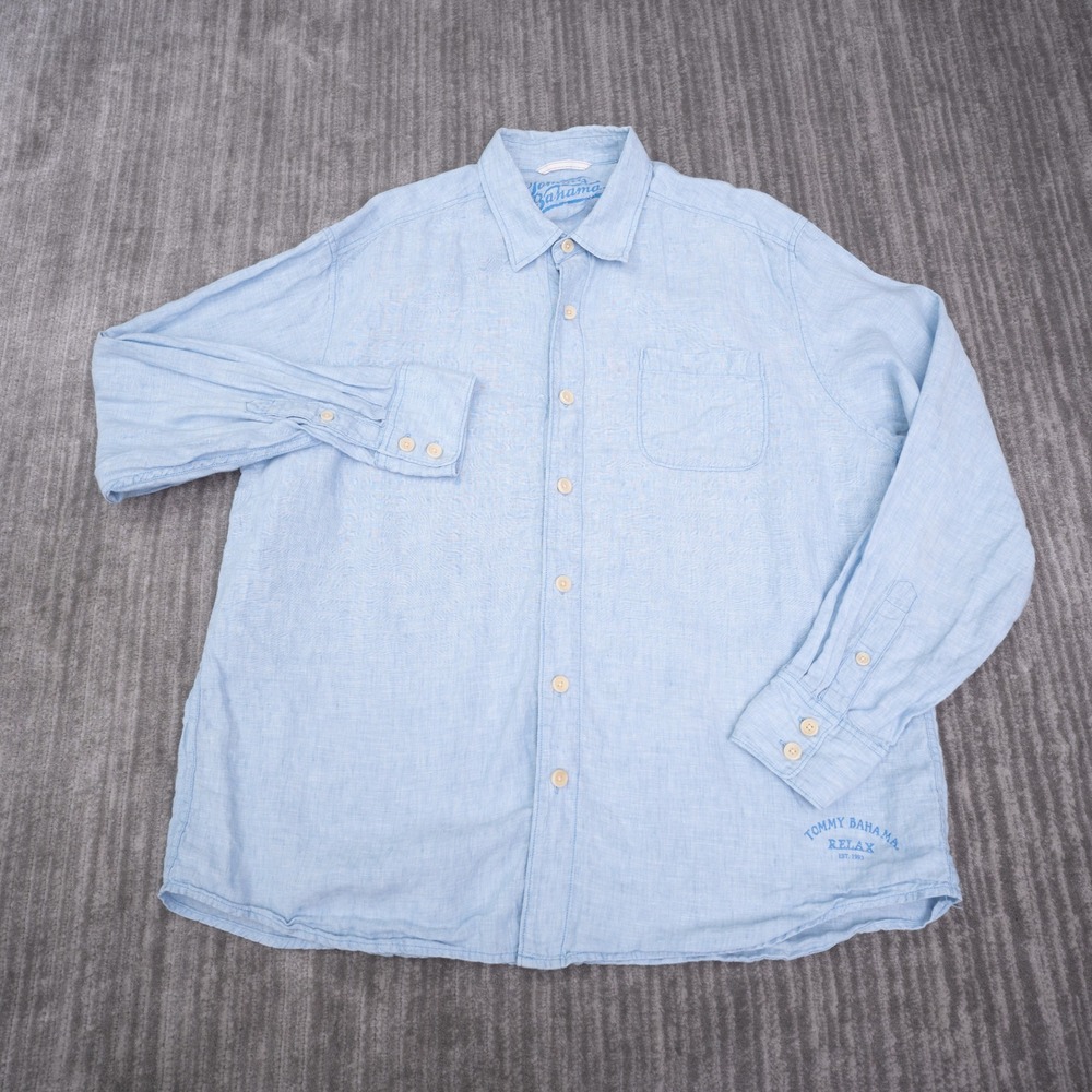 Tommy Bahama Button Up Shirt Mens XL Blue Good 100% Linen Long Sleeve